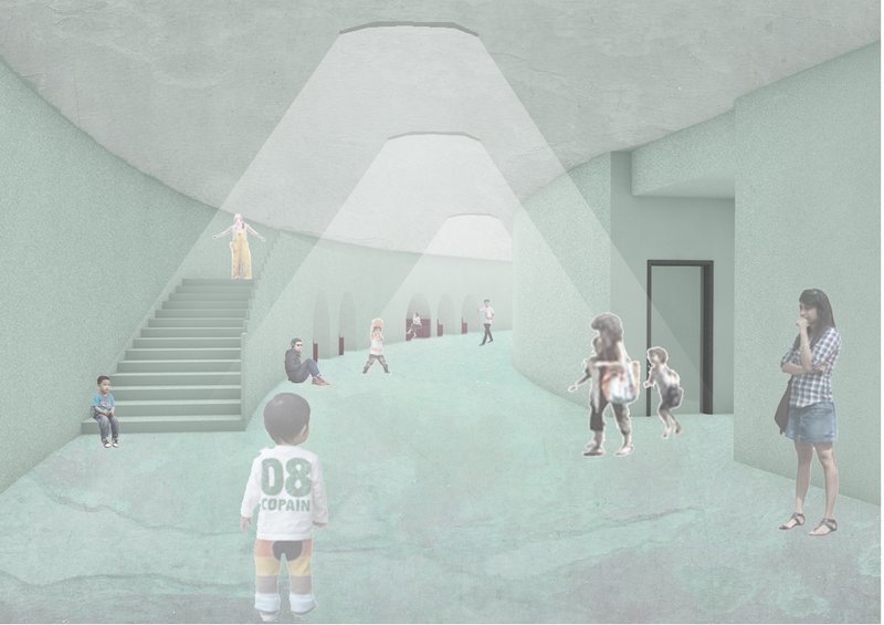 Vaulted niches with natural light create a contemplative, child-friendly environment for play, learning, and rest.