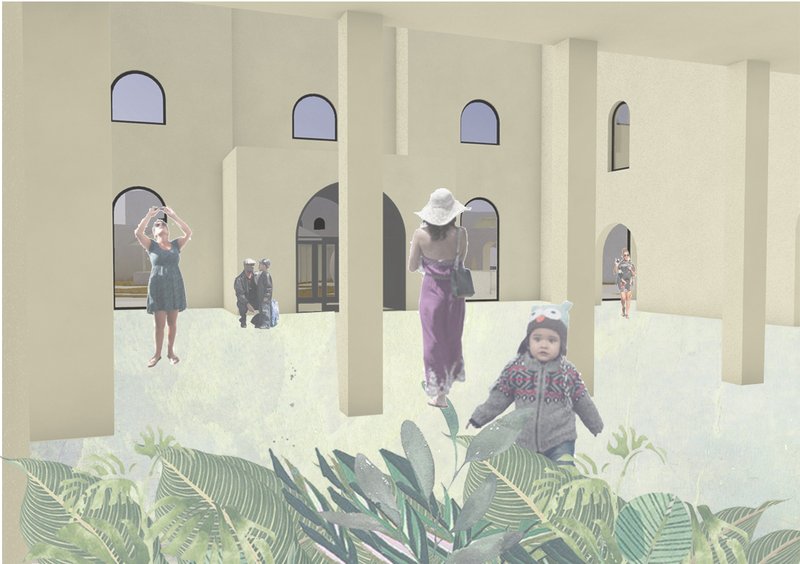 Arched colonnades and lush forecourt frame the entrance, inviting visitors into a spatial journey of exploration.