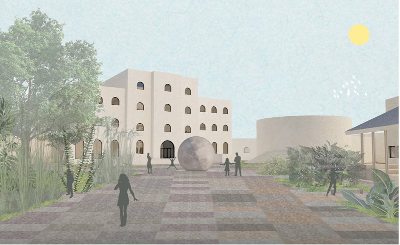 A sunlit courtyard with lunar sculpture becomes a communal anchor, encouraging social interaction and discovery.