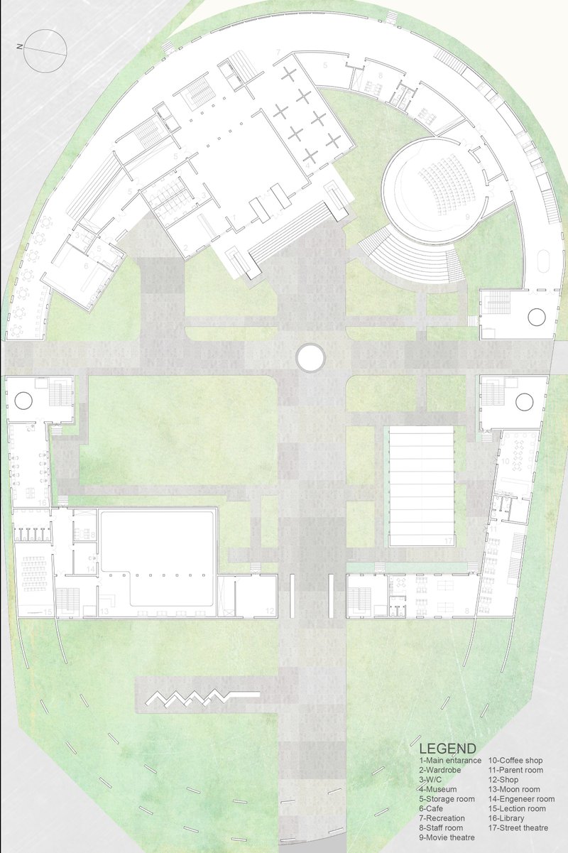 A circular layout integrates museum halls, moon room, cinema, library, and recreation in a cohesive spatial narrative.