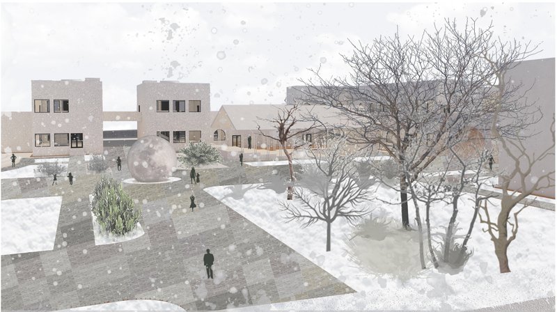 The architecture responds to seasonal change, maintaining its immersive and functional essence even in snowfall.