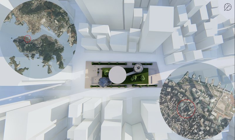 Aerial site plan of the seed bank nestled in Hong Kong’s dense urban fabric, with geographic insets showing macro and micro location.