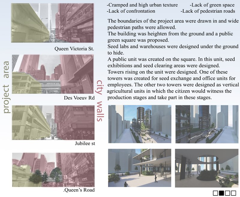 Existing city walls and congested roads contrast with the proposed seed plaza and interactive public towers.