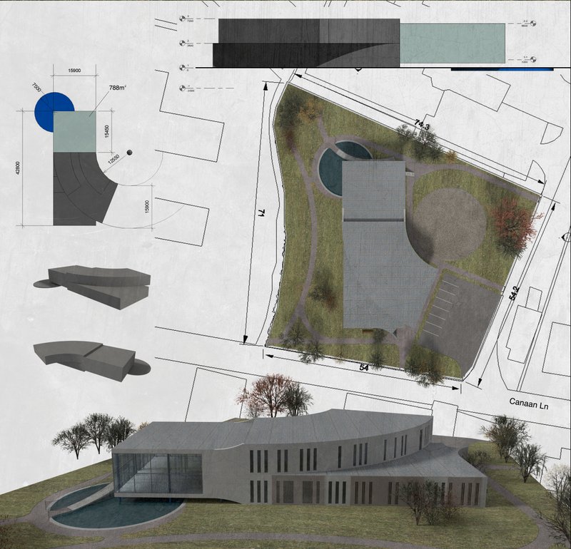 Site layout and form development illustrating spatial flow, green integration, and the transition from enclosed to open therapy zones.