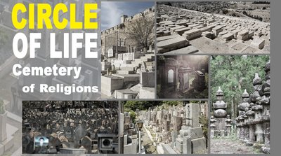 This architectural image showcases a collage of various cemeteries from different religions, highlig