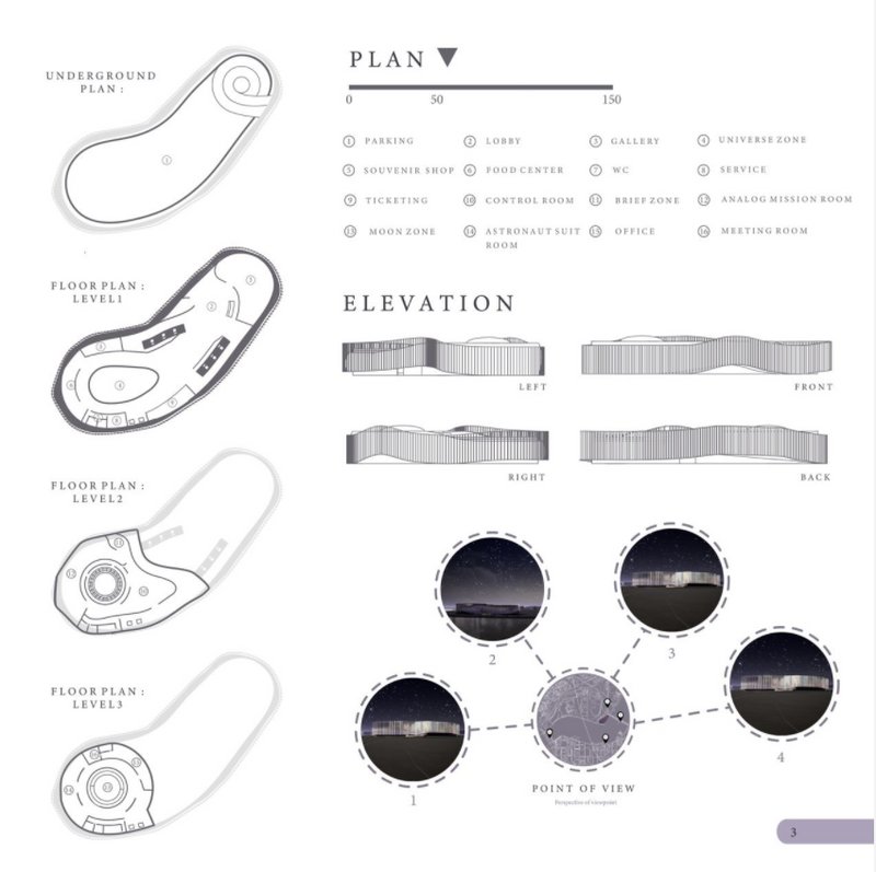 Curved plans and contextual elevations highlight the building’s response to urban perspectives.