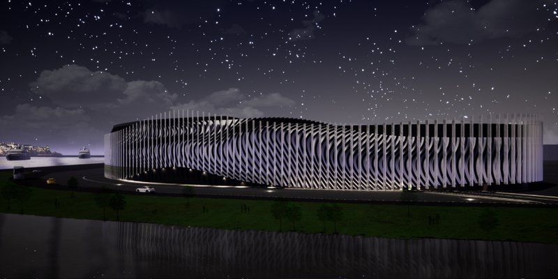 Dynamic façade simulating lunar motion through angled vertical fins and illusionary curves.