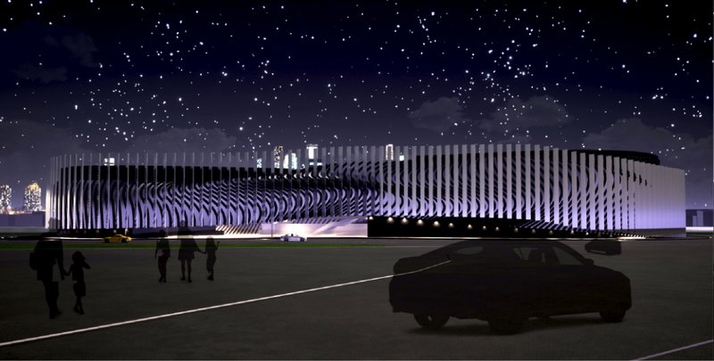 A night-time view reveals the building’s ever-changing form as seen from the city’s edge.