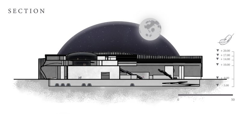 Section cut reveals layered spatial planning simulating lunar environments and astronaut zones.