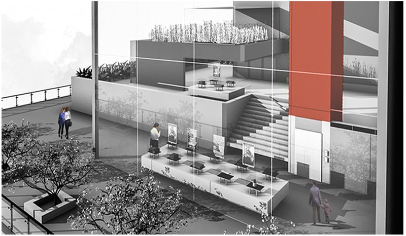 Interactive public zone with educational exhibits, rooftop gardens, and farm-to-table terraces integrated in vertical tiers.