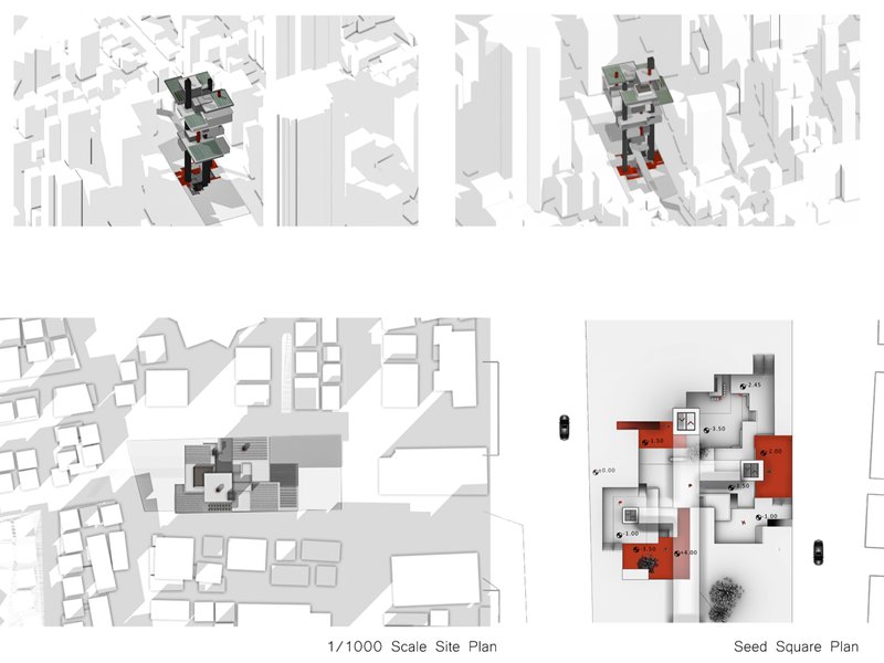 Contextual views and detailed site plans reveal the tower’s urban integration and spatial connectivity at ground level.