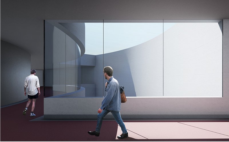 Framed perspectives and curved pathways that lead toward the central space.