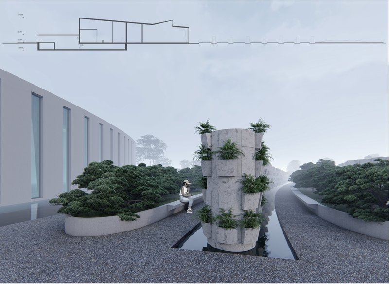 A visitor pauses among vertical garden columns that preserve ashes, merging nature with remembrance.