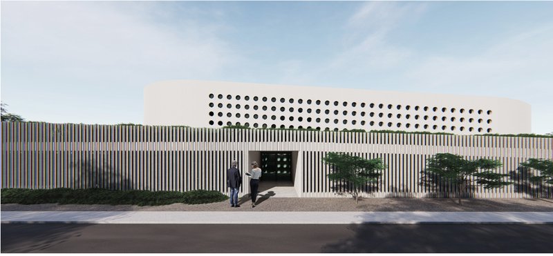 Main entrance facade blends minimalism with privacy, guiding visitors into the contemplative memorial space.