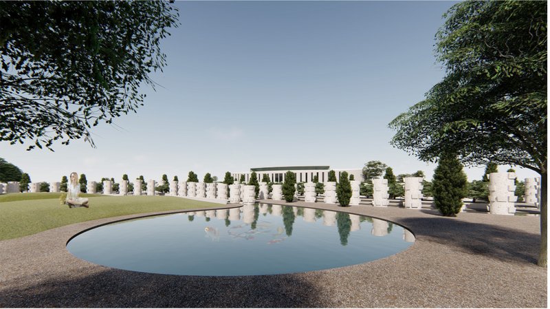 Circular pond forms the centerpiece of a green cemetery landscape, inviting visitors to relax and reflect.