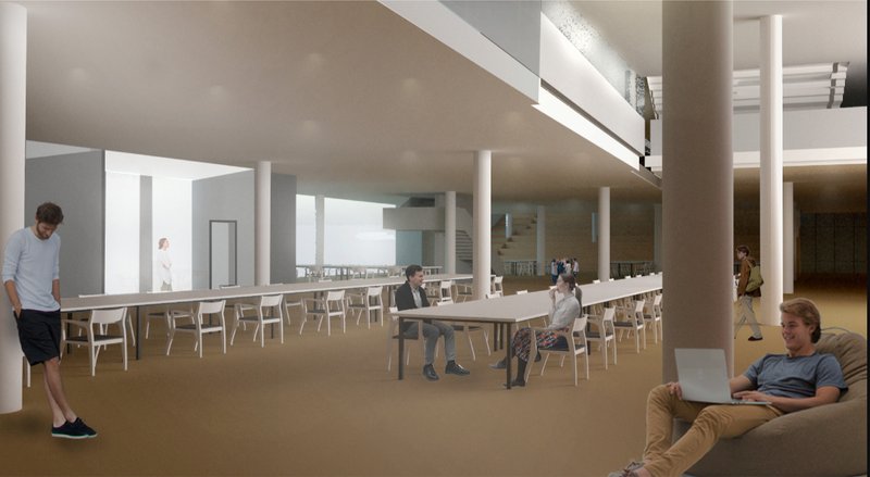 Interior render of flexible and inclusive library workspaces.