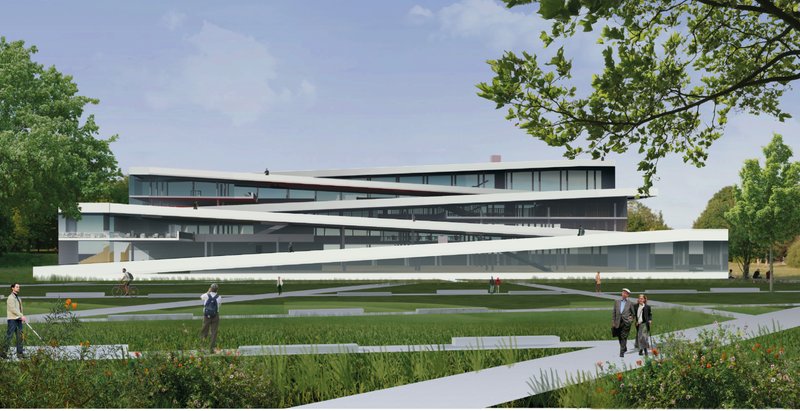 Façade view highlighting layered, accessible circulation across the building.