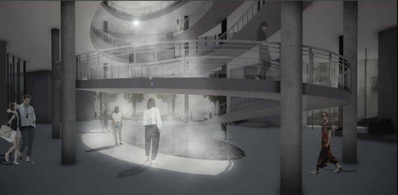 Atmospheric interior render of the central atrium, where mist, light, and circulation blend into a sensory spatial experience.