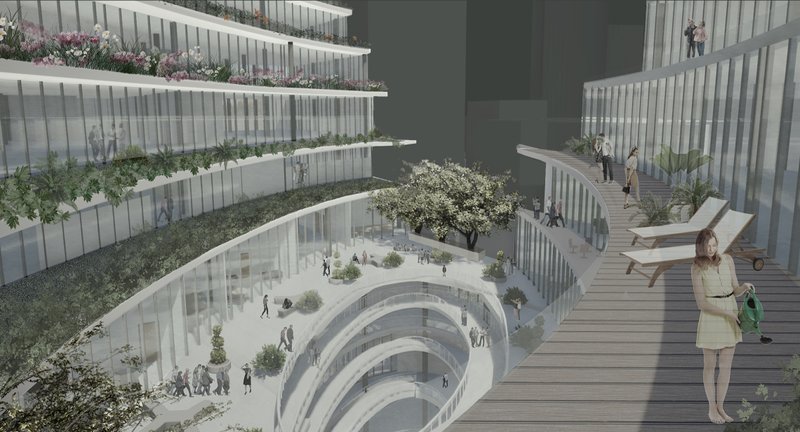 Perspective view of stepped terraces activated with greenery and social spaces, embodying the seasonal "flower calendar."