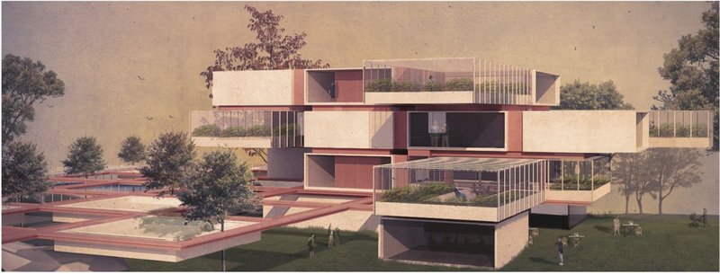 Modular cubic forms create layered public terraces that encourage intergenerational interaction.