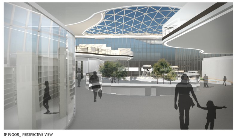 1F interior promenade surrounded by greenery, daylight, and transparency.