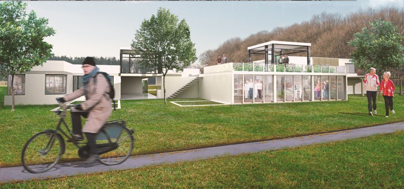 A cyclist passes by the facility as rooftop gardens and transparent communal spaces integrate nature and activity.