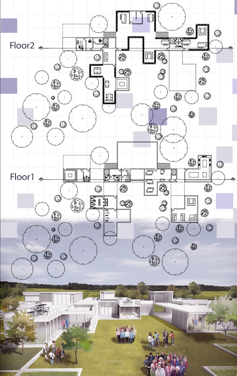 Floor plans and a courtyard gathering illustrate the layout’s openness, community focus, and green spatial planning.