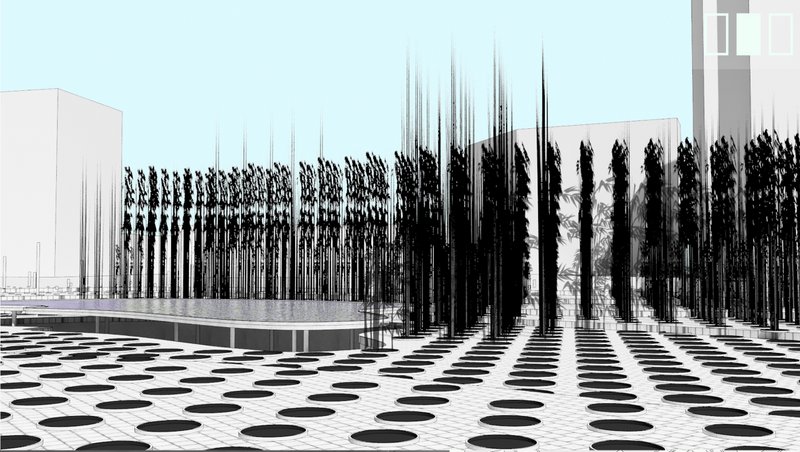 Aerial perspective showing grid-based bamboo pattern and elevated memorial landscape blending into the urban fabric.