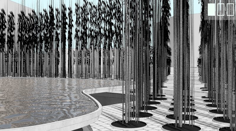 Reflective water body adjacent to vertical bamboo cemetery, evoking tranquility and natural symbolism.