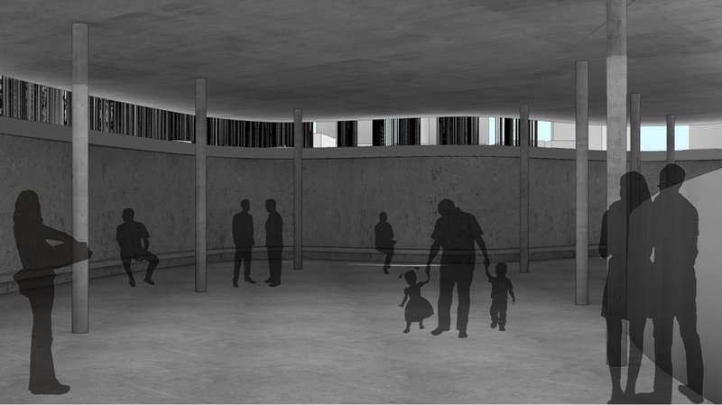 Subterranean gathering space designed for mourning rituals, emphasizing accessibility and quiet introspection.