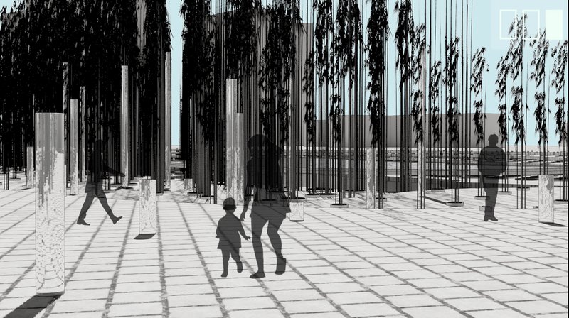 Daytime interaction within the bamboo grove, enhanced by sculptural glass light tubes symbolizing remembrance.