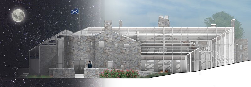 A juxtaposition of traditional Scottish stone and transparent glass, symbolizing the duality of mental isolation and social healing.