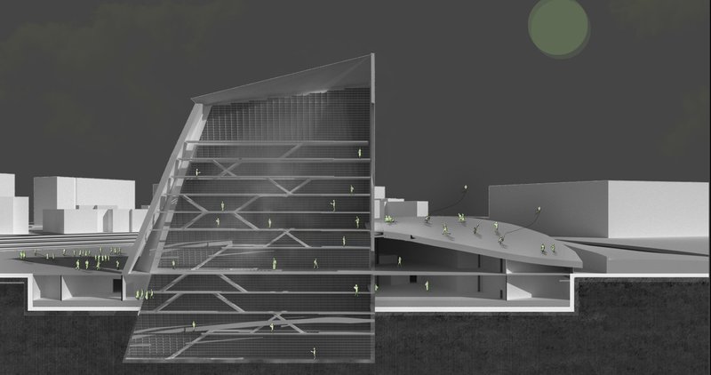 Physical model showing the triangular tower with exposed diagonal structure rising from a curved adjacent plaza