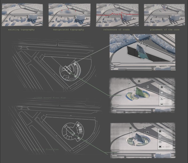 Diagram board illustrating topography manipulation and ground floor plan with aerial view insets of the site