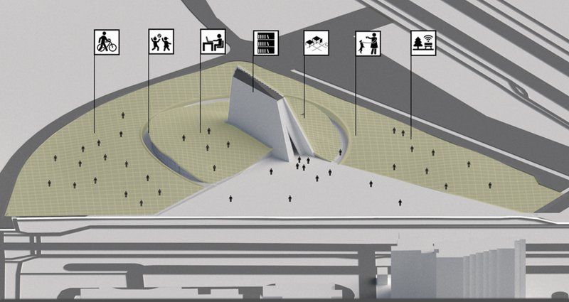 Axonometric drawing of the building with green roof surface and program icons labeling public functions