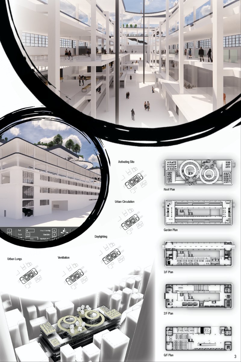 Interior and sectional views highlighting open vertical circulation, daylight strategy, and programmatic layering of the eco market.