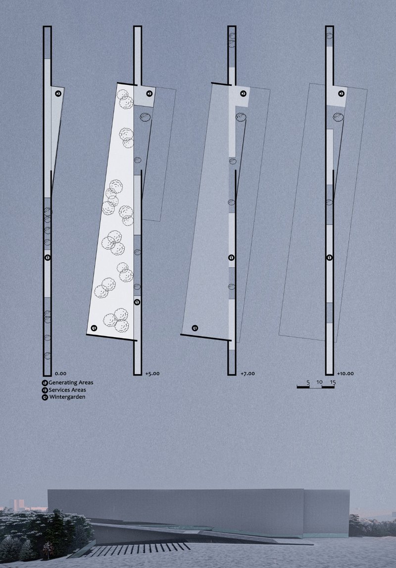 Layered floor plans define spaces for generation, services, and the seasonal winter garden.