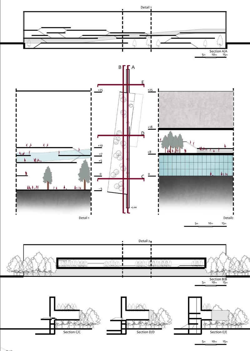 Sectional views reveal the spatial logic behind vertical coexistence and human flow.