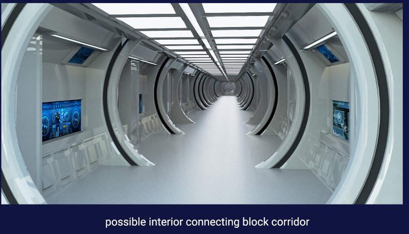 Immersive sci-fi-style corridor connecting functional blocks within the ITCS-Arena.