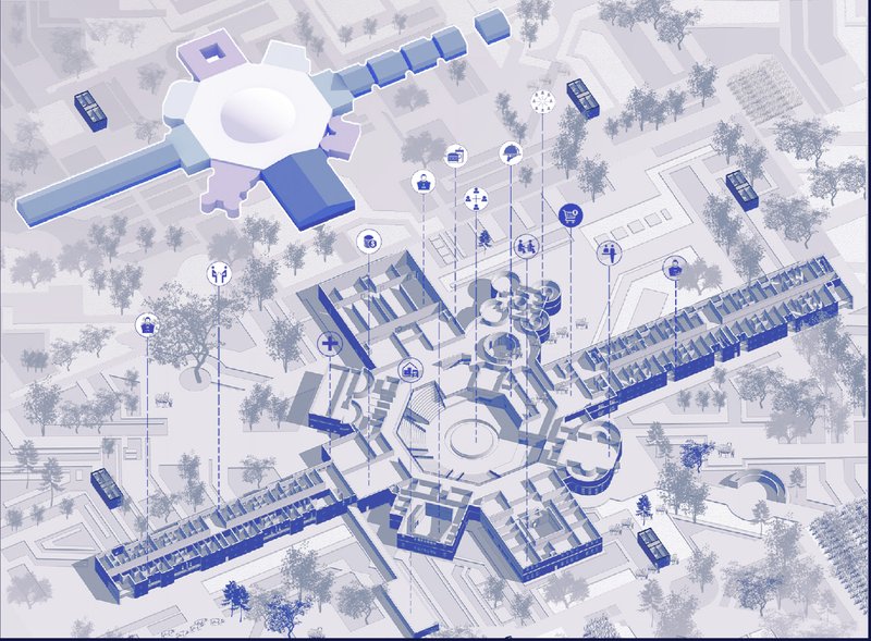 Axonometric view revealing the interconnected layout and functions of the cyber arena complex.