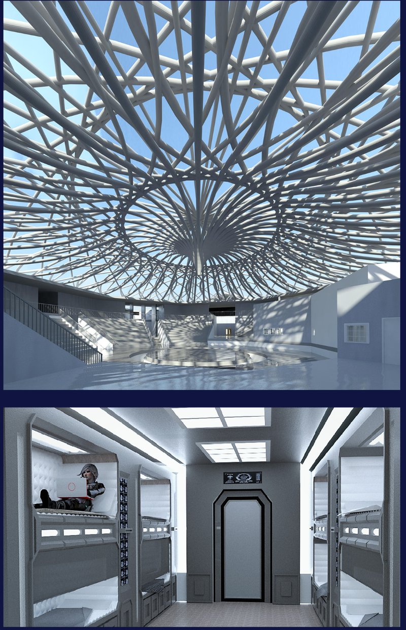 Dynamic interior under a geometric dome and futuristic sleeping pods—blending comfort and spectacle in cyber architecture