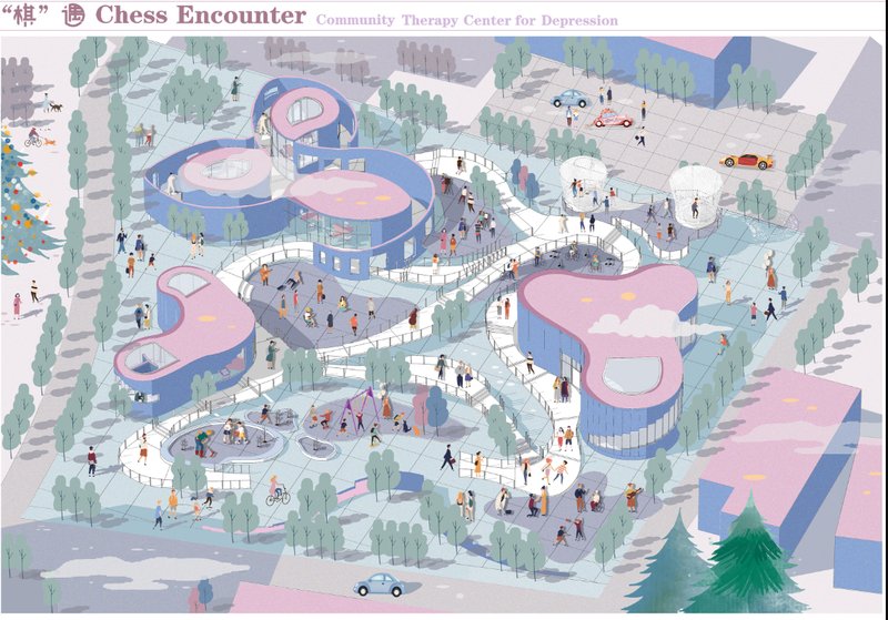 Vibrant community therapy center visualized with playful forms and active users, embodying the spirit of therapeutic architecture.