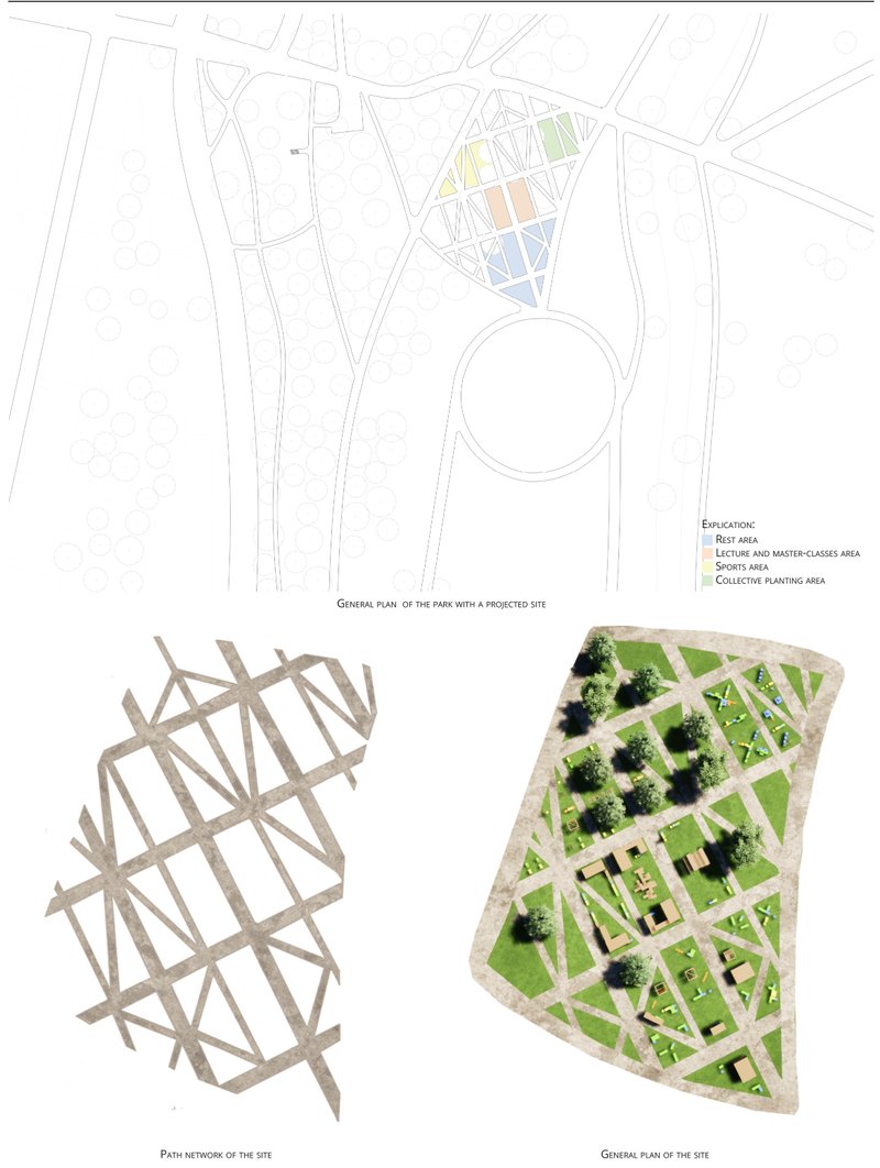 Color-coded layout showing distinct modular zones: rest, planting, sports, and learning areas.