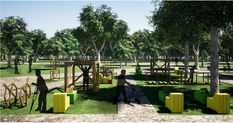 Elder-friendly workout modules integrated with wooden structures under shaded trees.