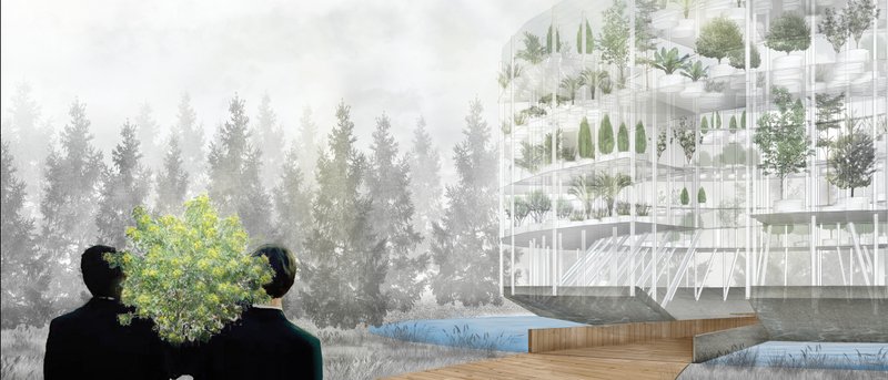 Family approaches the burial machine for a final farewell, where the deceased and tree pod begin their journey together.