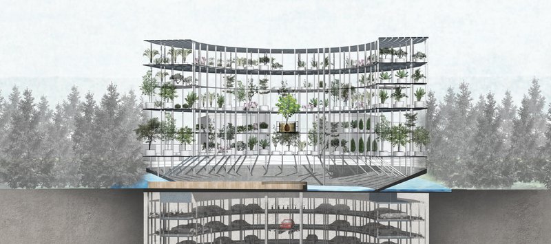 Aerial plan showing the seamless integration of the cemetery into the urban fabric, surrounded by trees and public green space.