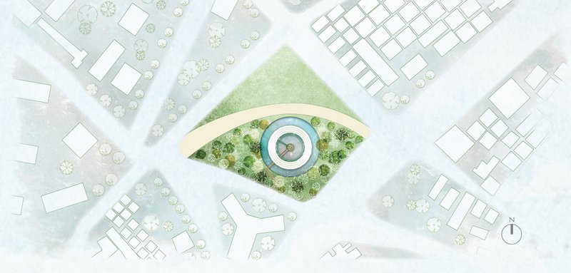 A cross-sectional view of the cylindrical tower integrating green burial pods, tree growth, and underground vehicle storage.