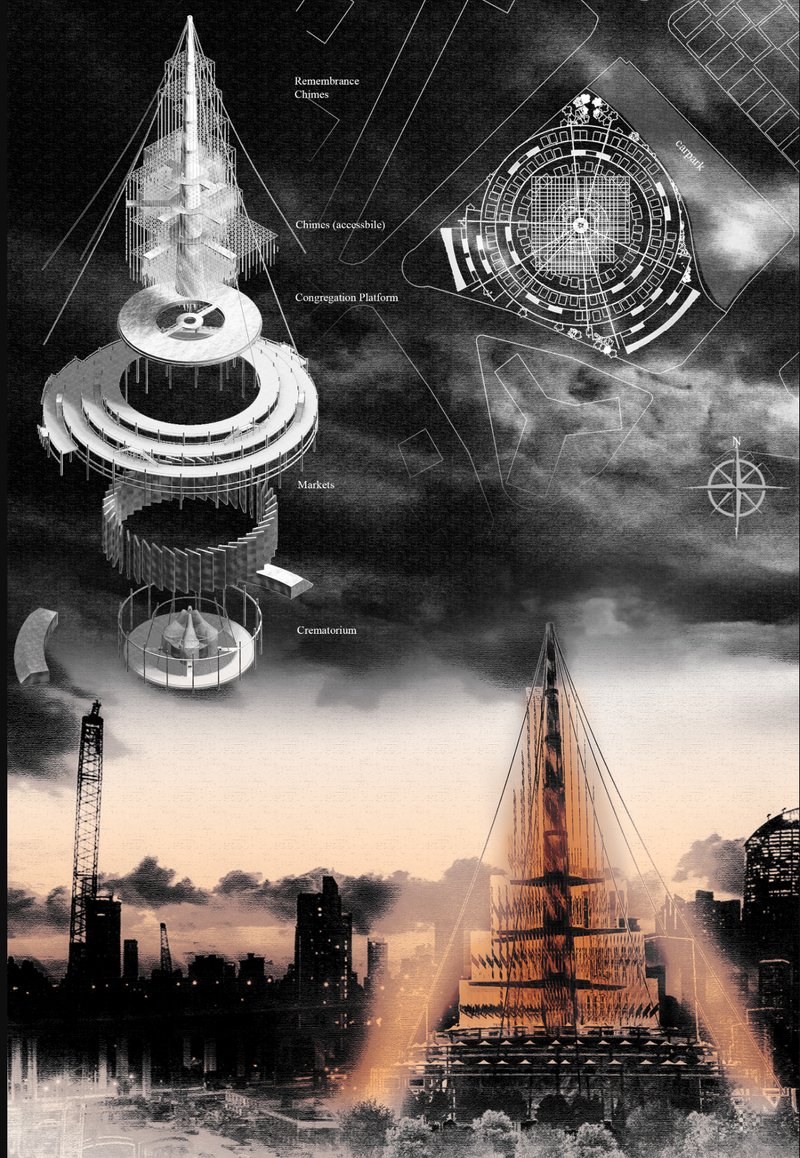A vertical section reveals layered functions—from crematorium to markets and memory chimes—set within an urban triangular site.