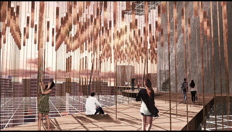 Visitors engage with suspended copper chimes, creating a sensory field of memory through touch, sound, and atmosphere.