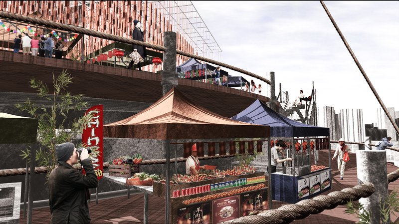 Life continues above death—colorful stalls and vibrant exchanges merge commerce with collective remembrance.